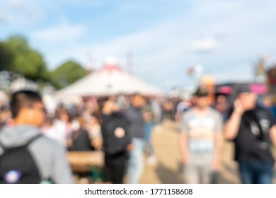 Blurred Abstract Background Of Summer Festival Europe With Outdoor Music Concert Street Food Truck After Coronavirus Pandemic Event Arrange Crowd People Safety Hygiene Social Distancing New Normal