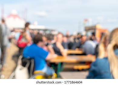 Blurred Abstract Background Of Summer Festival Europe With Outdoor Music Concert Street Food Truck After Coronavirus Pandemic Event Arrange Crowd People Safety Hygiene Social Distancing New Normal