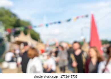 Blurred Abstract Background Of Summer Festival Europe With Outdoor Music Concert Street Food Truck After Coronavirus Pandemic Event Arrange Crowd People Safety Hygiene Social Distancing New Normal