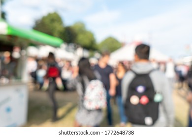 Blurred Abstract Background Of Summer Festival Europe With Outdoor Music Concert Street Food Truck After Coronavirus Pandemic Event Arrange Crowd People Safety Hygiene Social Distancing New Normal