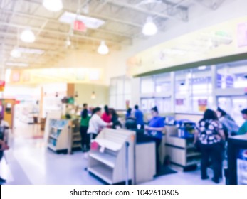 Blurred Abstract Busy Checkout Line At Toys Retail Store In America. Vintage Tone