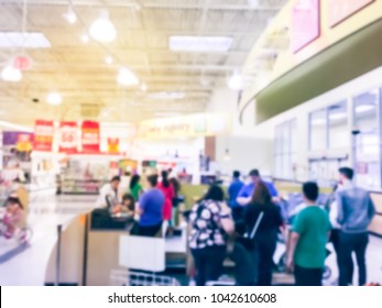 Blurred Abstract Busy Checkout Line At Toys Retail Store In America. Vintage Tone