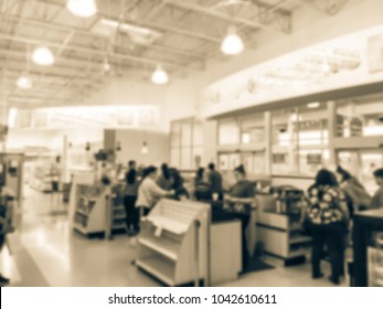 Blurred Abstract Busy Checkout Line At Toys Retail Store In America. Vintage Tone