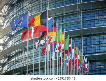 Blurred - Abstract, defocused photo, for background. Many flags of different countries of the world. - Shutterstock ID 1591730443
