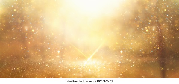 blurred abstract photo of light burst among trees and glitter bokeh lights
					