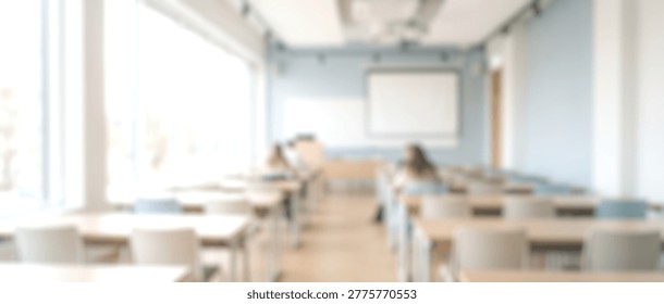 A blurred, abstract view of an empty classroom or conference room, featuring rows of desks and chairs, a large bright window, and a white projector screen at the front.