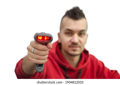 Blurred Adult Man Holding Barcode Scanner Pointed In Camera