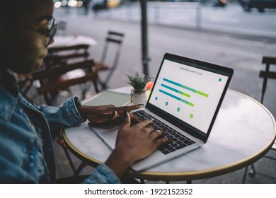 Blurred African American Female Student E Learning Trade Accounting During Online Courses On Laptop Computer, Skilled Woman Checking Diagram Statistics While Project Using 4g On Netbook Technology