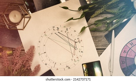 Blurred Astrological forecast, mysticism and science concept. Natal chart smartphone with Green screen astrology charts at spiritual seance. Fate And Karma.  - Shutterstock ID 2142737171