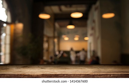 Blurred Background Of Bar And Dark Brown Desk Space Of Retro Wood