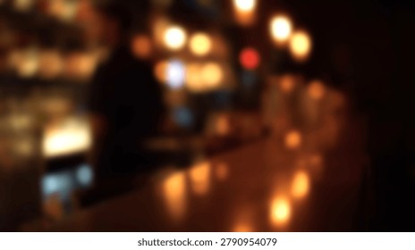 A blurred background of a bar interior features warm bokeh lights and a dimly visible person, creating a cozy and relaxed evening ambiance.