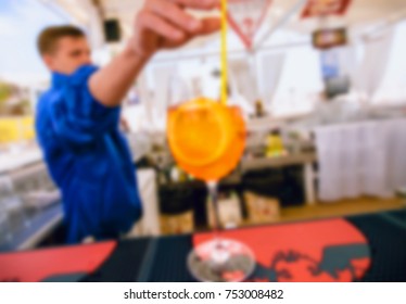 Blurred For Background. Beach Club Party. Barman At Work In Luxury Club During Arty. Bartender Make Fun At Party Time In Elite Club