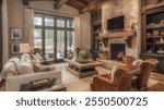 Blurred background of a beautiful blend of modern and rustic styles, this living room features exposed wood beams, a stone fireplace, and cozy furnishings, creating an inviting atmosphere.