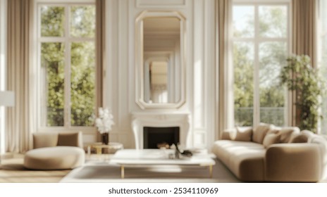 Blurred background of a beautiful living room featuring a beige velvet sofa, elegant gold accents, and large windows that fill the space with natural light, creating a cozy atmosphere. - Powered by Shutterstock