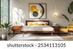 Blurred background of beautiful mid-century modern bedroom featuring warm tones