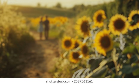 Blurred background of a beautiful scene of a sunflower field in full bloom, with a couple walking along a rustic path surrounded by vibrant yellow flowers under golden sunlight. - Powered by Shutterstock