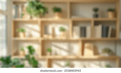 Blurred background of a beautifully arranged bookshelf featuring books and vibrant green plants, illuminated by gentle natural light, creating a warm and inviting atmosphere perfect for a home office. - Powered by Shutterstock