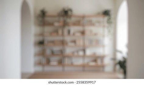 Blurred background of a beautifully arranged minimalist bookshelf featuring various books and vibrant green plants, creating a serene and inviting atmosphere in a modern interior setting. - Powered by Shutterstock