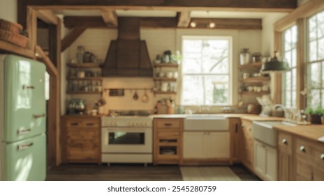 Blurred background of a beautifully designed rustic farmhouse kitchen featuring natural light, wooden elements, and cozy decor, perfect for cooking and relaxation. - Powered by Shutterstock