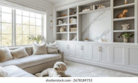 Blurred background of a beautifully designed transitional pet room featuring soft decor, cozy furniture, and natural light, perfect for pets and their owners to relax and enjoy.