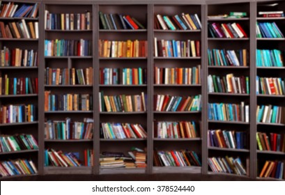 blurred background. bookshelf in public library