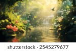 Blurred background of a breathtaking scene of a vibrant jungle river meandering through lush vegetation, capturing the essence of tranquility and natural beauty in a serene environment.