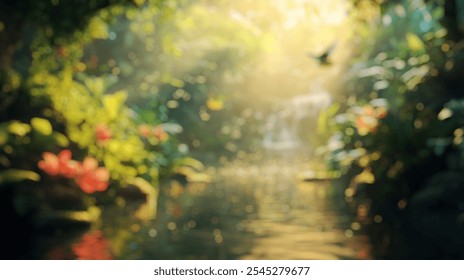 Blurred background of a breathtaking scene of a vibrant jungle river meandering through lush vegetation, capturing the essence of tranquility and natural beauty in a serene environment. - Powered by Shutterstock