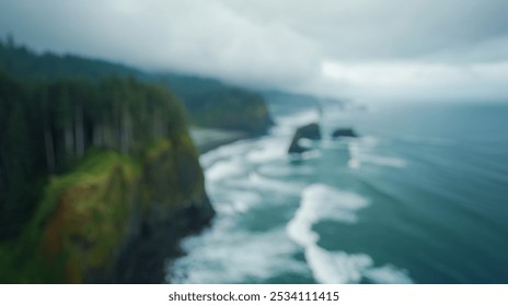 Blurred background of breathtaking view of a rugged coastline in olympic, where dramatic cliffs meet the powerful ocean waves under a cloudy sky. - Powered by Shutterstock