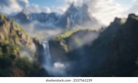 Blurred background of a breathtaking view of rugged mountain terrain featuring dramatic cliffs and a cascading waterfall, shrouded in mist, perfect for nature lovers and adventurers. - Powered by Shutterstock