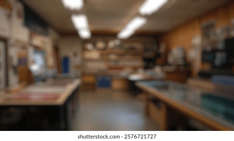 Blurred background of bright and airy art studio designed for creativity and inspiration, showcasing organized workspaces, tools, and ample natural light for productive artistic endeavors.