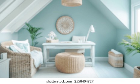 Blurred background of bright and airy attic office featuring coastal decor. natural light fills the space with a cozy atmosphere, making it perfect for creativity and relaxation. - Powered by Shutterstock