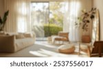 Blurred background of a bright and airy modern living room featuring natural light, cozy decor, and inviting seating arrangements, creating a peaceful and stylish atmosphere.