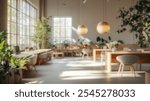 Blurred background of a bright and airy scandinavian style coworking space featuring light wood desks, modern furniture, and lush greenery for a vibrant work environment.