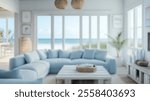 Blurred background of a bright coastal living room featuring light blue accents and stunning ocean views, creating a relaxing and airy atmosphere ideal for seaside inspiration.