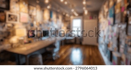 Blurred Background of Bright and Inspiring Creative Workspace with Art Displays and Cozy Furniture for Artistic Endeavors and Productivity