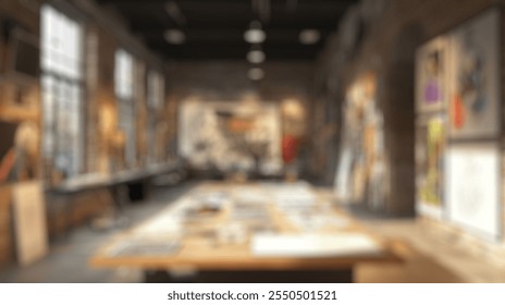 Blurred background of bright and inviting art studio featuring an array of colorful artwork, large windows, and creative workstations, perfect for artistic inspiration and collaboration. - Powered by Shutterstock