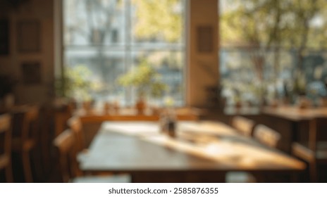 Blurred background of bright and inviting cafe interior showcasing natural light and lush greenery, perfect for relaxation or socializing over coffee and snacks in a vibrant space.