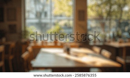 Blurred background of bright and inviting cafe interior showcasing natural light and lush greenery, perfect for relaxation or socializing over coffee and snacks in a vibrant space.