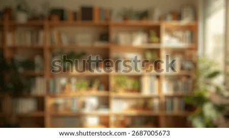 Blurred background of bright and inviting home library featuring wooden shelves filled with books and lush green plants, creating a serene environment perfect for reading and relaxation.