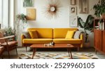 Blurred background of bright and inviting living room featuring a mustard yellow sofa, stylish decor, and lush plants, creating a cozy and modern atmosphere for relaxation.