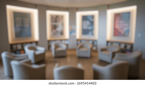 Blurred background of a bright, inviting reading room designed for community meetings and book clubs, featuring comfortable chairs and inspirational art to foster creativity and connection.