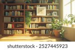 Blurred background of bright and inviting rustic home office featuring wooden bookshelves filled with books and plants, creating a cozy and relaxing atmosphere in a vibrant space.