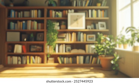 Blurred background of bright and inviting rustic home office featuring wooden bookshelves filled with books and plants, creating a cozy and relaxing atmosphere in a vibrant space. - Powered by Shutterstock