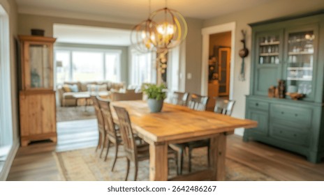 Blurred background of a bright and inviting rustic farmhouse dining room featuring a wooden table and chairs. natural light enhances the cozy ambiance, perfect for family gatherings.