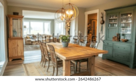 Blurred background of a bright and inviting rustic farmhouse dining room featuring a wooden table and chairs. natural light enhances the cozy ambiance, perfect for family gatherings.