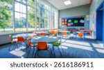 Blurred background of a bright and modern classroom showcasing colorful desks arranged for an engaging learning experience, illuminated by natural sunlight through large windows.