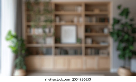 Blurred background of bright and modern living room featuring a stylish bookshelf filled with books, complemented by lush green plants, creating a serene and inviting atmosphere for any home. - Powered by Shutterstock