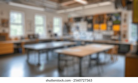 Blurred background of bright and open art studio space designed for creativity, featuring work tables, natural light, and an organized environment for artistic projects and collaboration. - Powered by Shutterstock