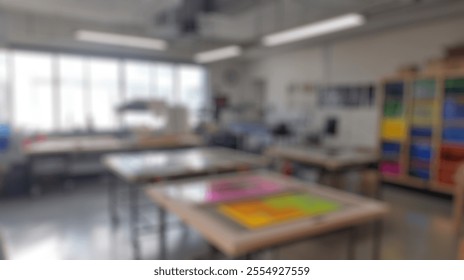 Blurred background of a bright and organized art studio featuring large tables and colorful materials. the spacious environment encourages creativity and collaboration among artists. - Powered by Shutterstock