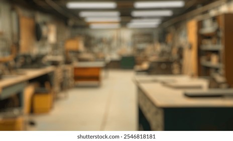 Blurred background of bright and organized workshop space with workbenches, tools, and equipment for creative projects and craftsmanship in a well-stocked environment - Powered by Shutterstock